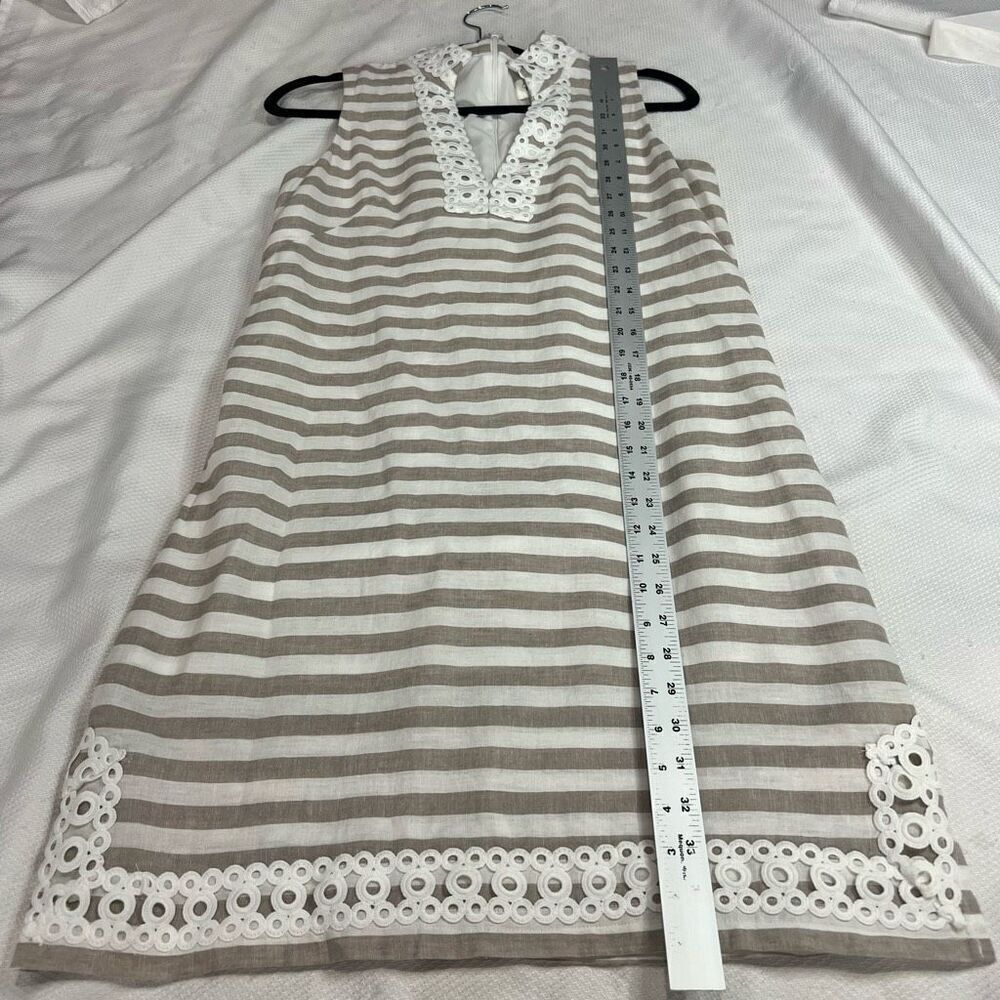 Eliza J Tan White Striped Detailed Hem Linen Cotton Blend Shift Dress Sz 6 Women - Picture 4 of 8